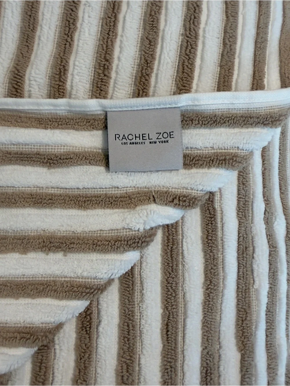 2 Rachel Zoe Bath Sheet Set 34” x 64” Tan White Striped Fringe Cotton Towels 2